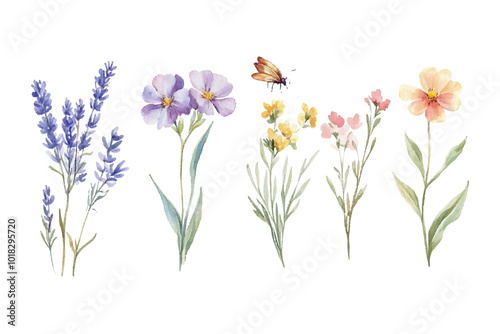 Set of enchanting floral designs featuring delightful insect illustrations