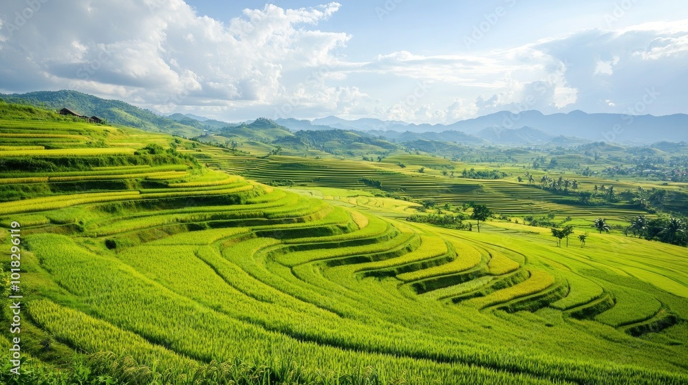 Fototapeta premium Rice paddies in various shades of green and yellow on a sunny day, with a distant horizon.