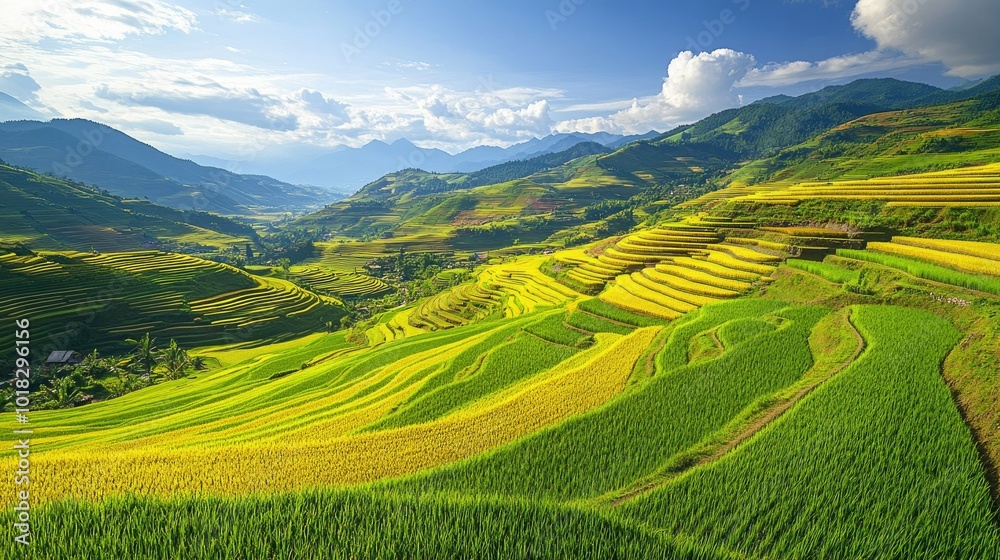 Rice paddies in various shades of green and yellow on a sunny day, with a distant horizon. Rice paddies in various shades of green and yellow on a sunny day, with a distant horizon.