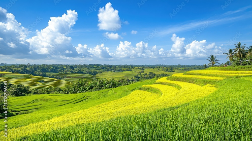 Obraz premium Rice paddies in various shades of green and yellow on a sunny day, with a distant horizon.