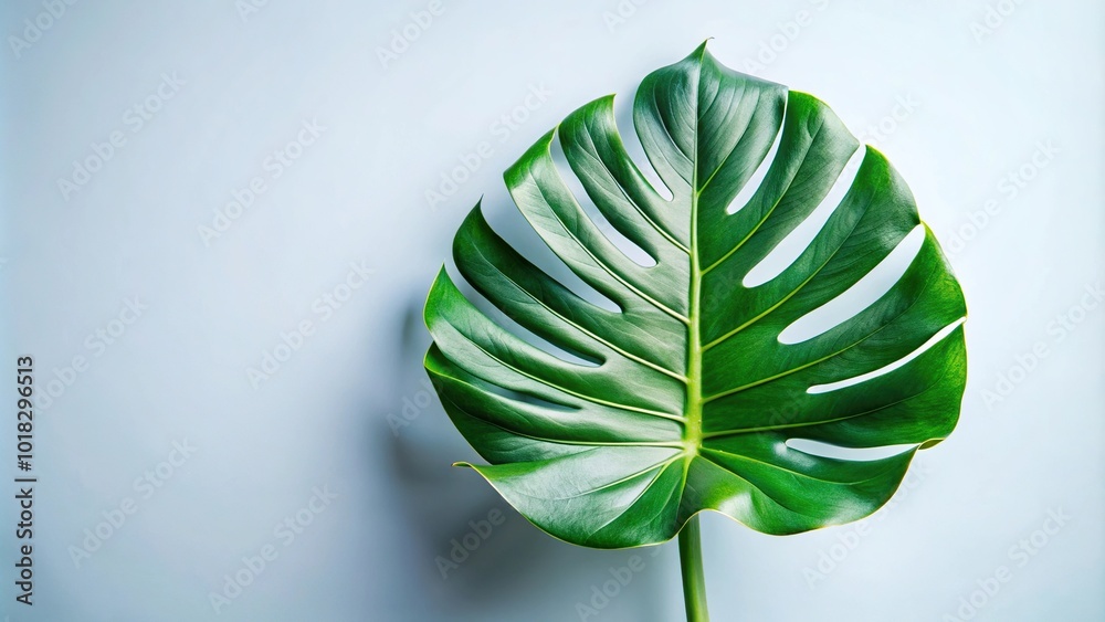 Fototapeta premium Monstera leaf shot from below against white background with space for text