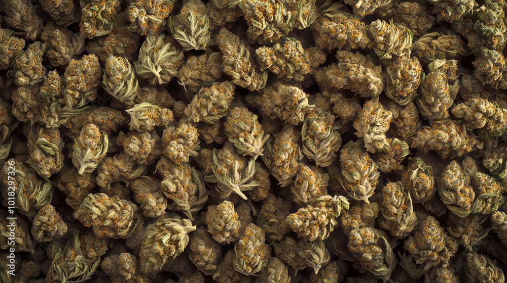 Close-up view of multiple cannabis buds piled together with detailed textures. Close-up view of multiple cannabis buds piled together with detailed textures.