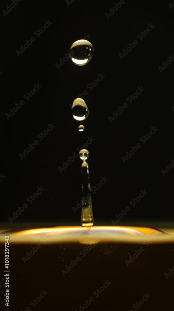 Cosmetics golden serum liquid. Falling drop macro abstract background. Cosmetic moisturizer essence gel. Collagen fluid bubble molecule. Yellow moisturizing cream oil. Beauty skin health care concept