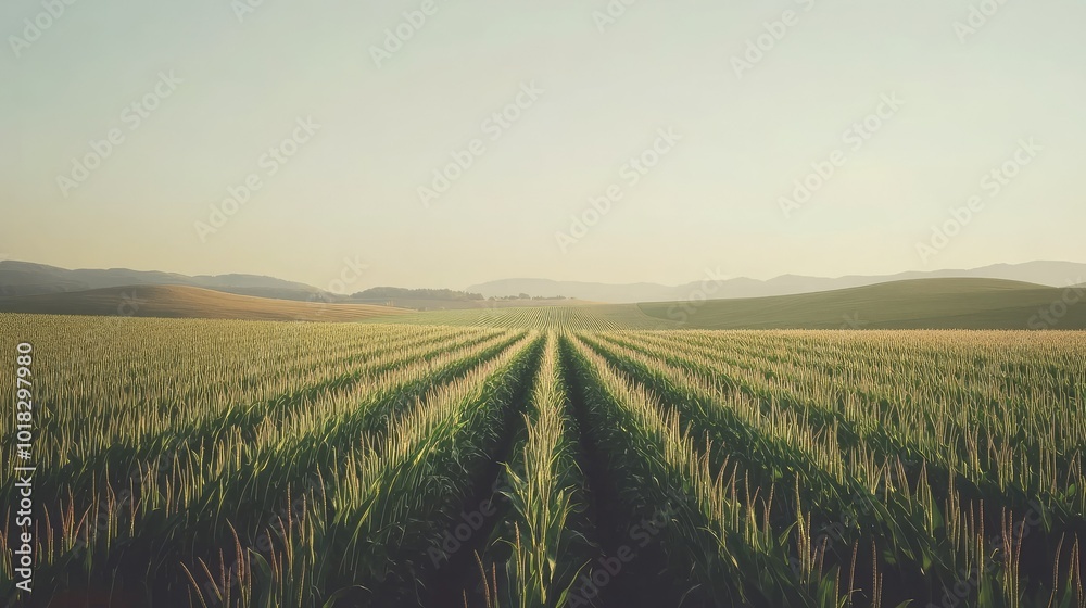 Fototapeta premium Rows of tall corn plants standing in perfect alignment, with a clear sky and distant hills.