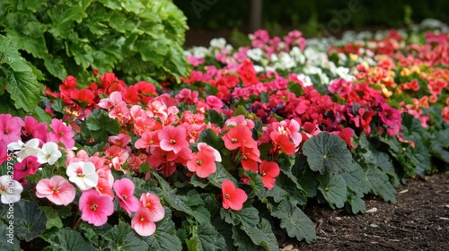 A colorful bed of blooming begonias in a variety of reds, pinks, and whites, set in a landscaped garden in spring.