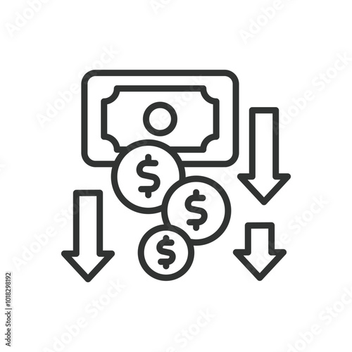 Looses money, in line design. Financial loss, losing money, budget deficit, economic downturn, cash flow issues on white background vector. Looses money, in line design editable stroke icon