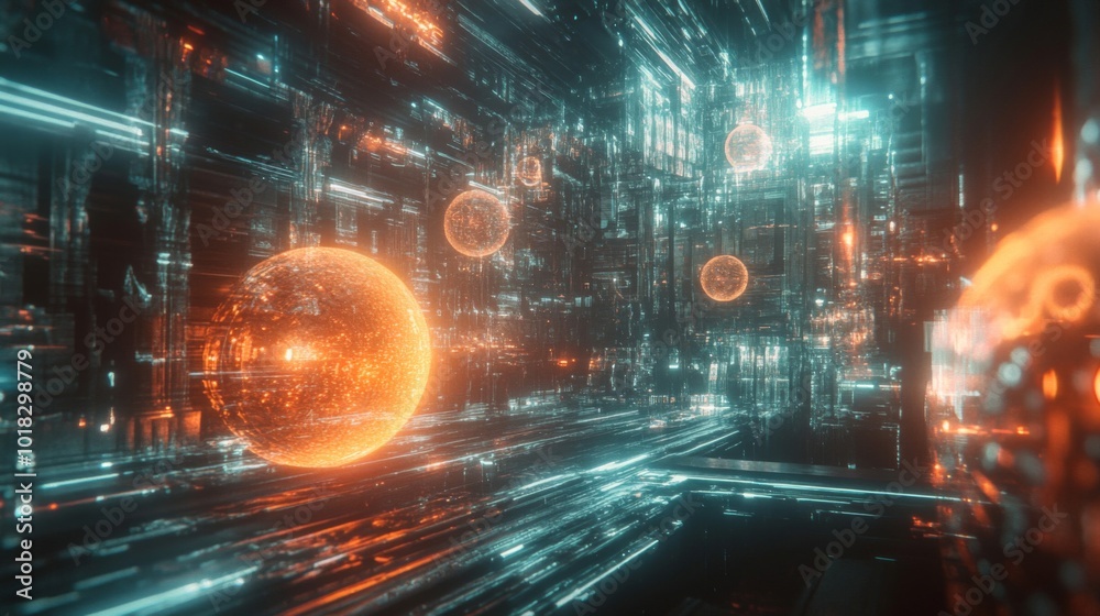 Fototapeta premium Abstract Digital Space with Glowing Orange Spheres