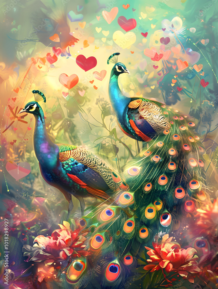 Fototapeta premium An enchanting illustration depicts vivid peacocks in a whimsical garden with colorful flowers and floating hearts, symbolizing love and beauty in a magical and surreal setting