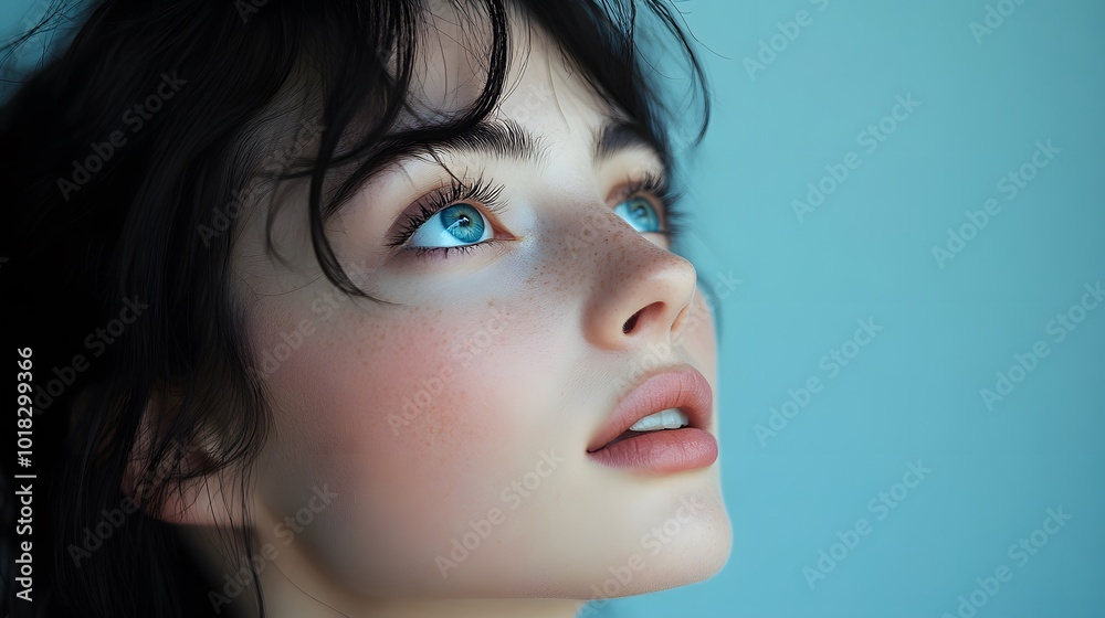 Close-up portrait of a young woman with bright blue eyes and dark hair, looking upwards in natural light, exuding serenity against a light blue backdrop, emphasizing detailed features. Close-up portrait of a young woman with bright blue eyes and dark hair, looking upwards in natural light, exuding serenity against a light blue backdrop, emphasizing detailed features.