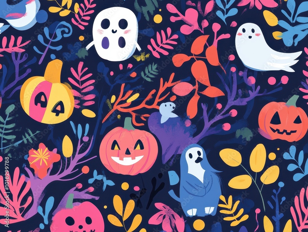 Halloween-themed illustration with pumpkins, ghosts, and abstract foliage. Halloween-themed illustration with pumpkins, ghosts, and abstract foliage.