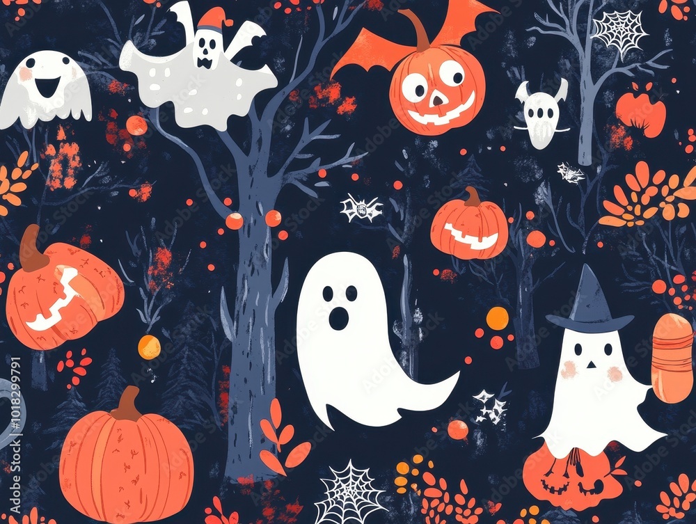 Whimsical Halloween Illustration with Ghosts, Pumpkins, and Trees Whimsical Halloween Illustration with Ghosts, Pumpkins, and Trees