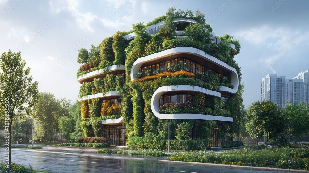 Naklejka premium A modern, eco-friendly building with a green wall and curved balconies.