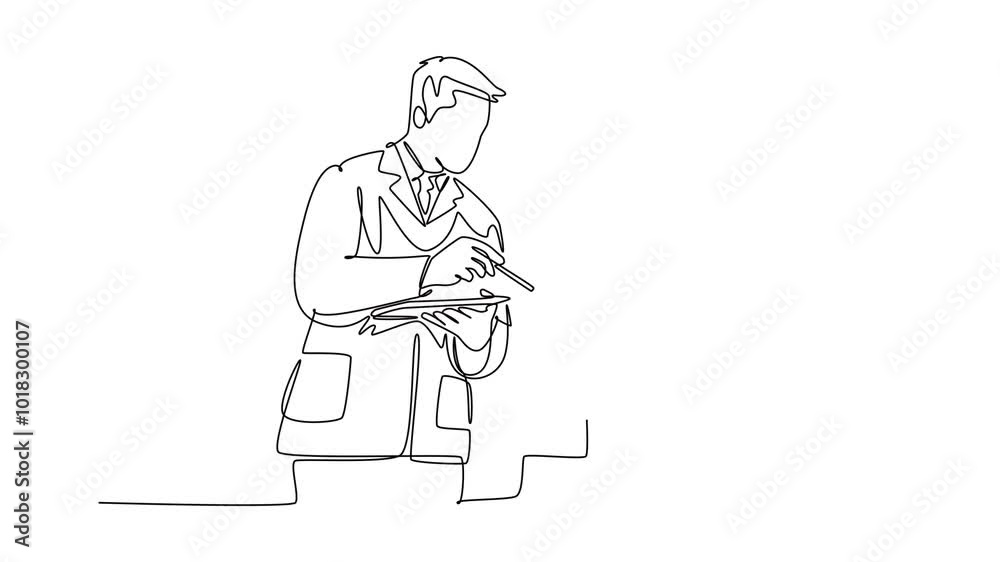 Self drawing animation single line draw smart couple doctor discussing patient record on tablet to right treatment. Male and female medical health care services. Continuous line. Full length animated Self drawing animation single line draw smart couple doctor discussing patient record on tablet to right treatment. Male and female medical health care services. Continuous line. Full length animated