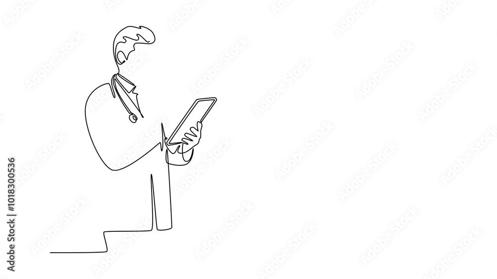 Self drawing animation of single line draw male doctor pose standing to read a journal health and medical record on tablet. Medical health care research concept. Continuous line. Full length animated Self drawing animation of single line draw male doctor pose standing to read a journal health and medical record on tablet. Medical health care research concept. Continuous line. Full length animated