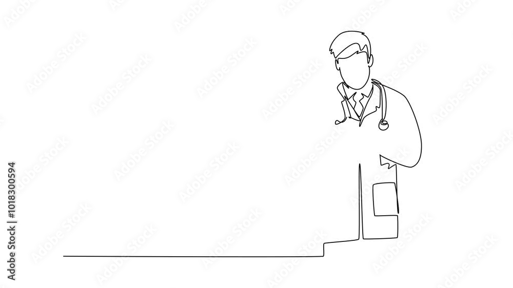 Self drawing animation of single line draw male doctor holding tablet and searching medical record, giving medicine to patient. Medical health care service. Continuous line draw. Full length animated Self drawing animation of single line draw male doctor holding tablet and searching medical record, giving medicine to patient. Medical health care service. Continuous line draw. Full length animated