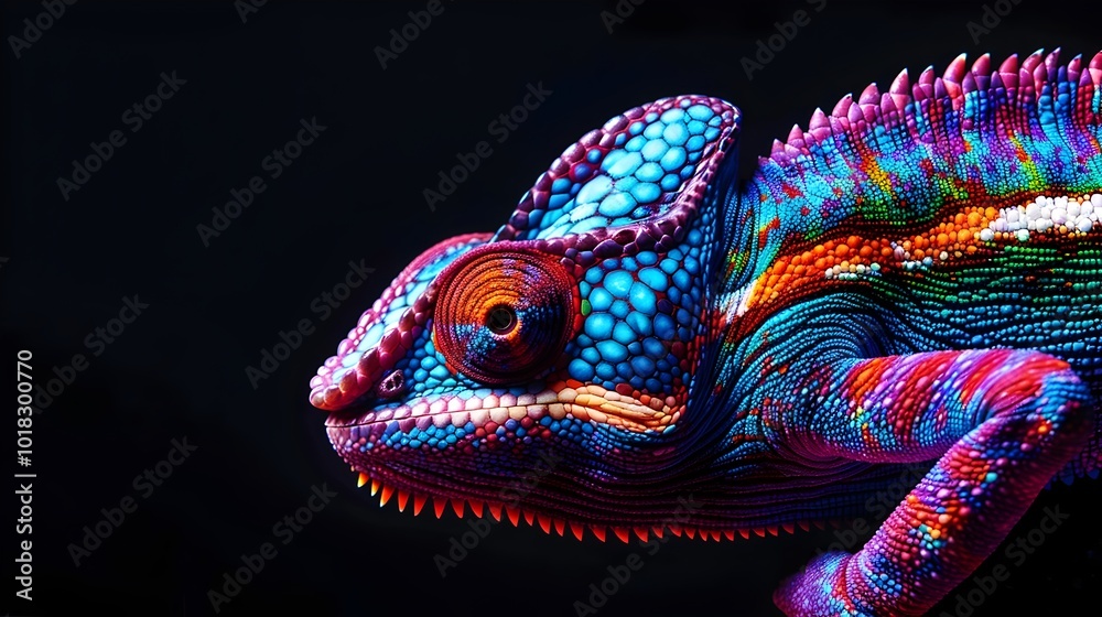 Obraz premium Neon Chameleon Blending into Vibrant Chromatic Background Symbolizing Adaptability