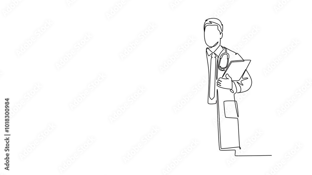Animated self drawing of continuous line draw smart male doctor standing and holding medical to do list task on clipboard at hospital. Medical check up record concept. Full length one line animation