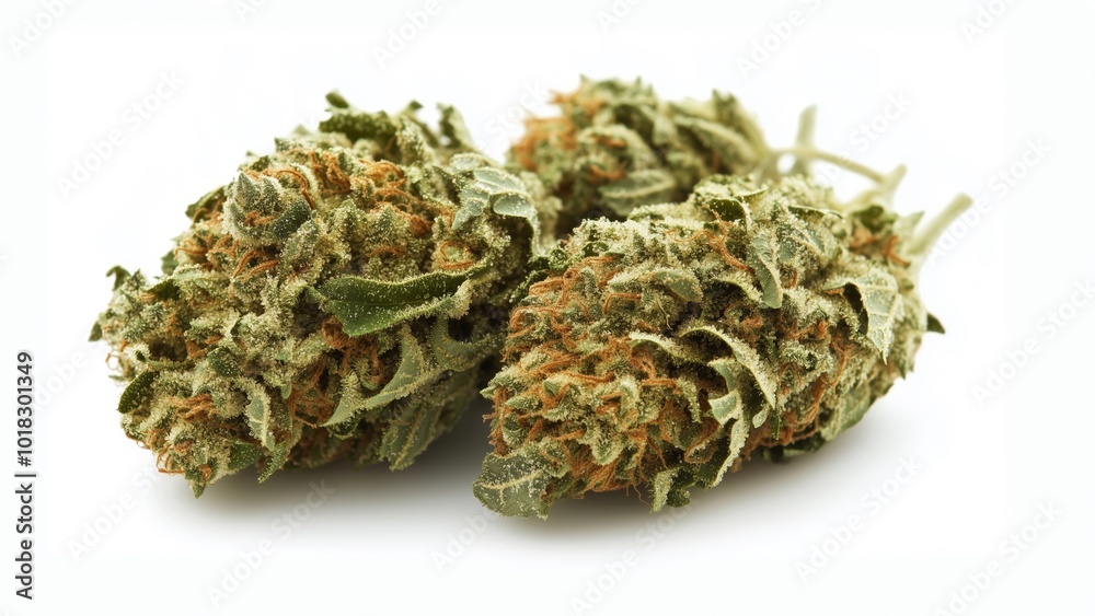 Close-up of two cannabis buds with trichomes and orange hairs on a white background. Close-up of two cannabis buds with trichomes and orange hairs on a white background.