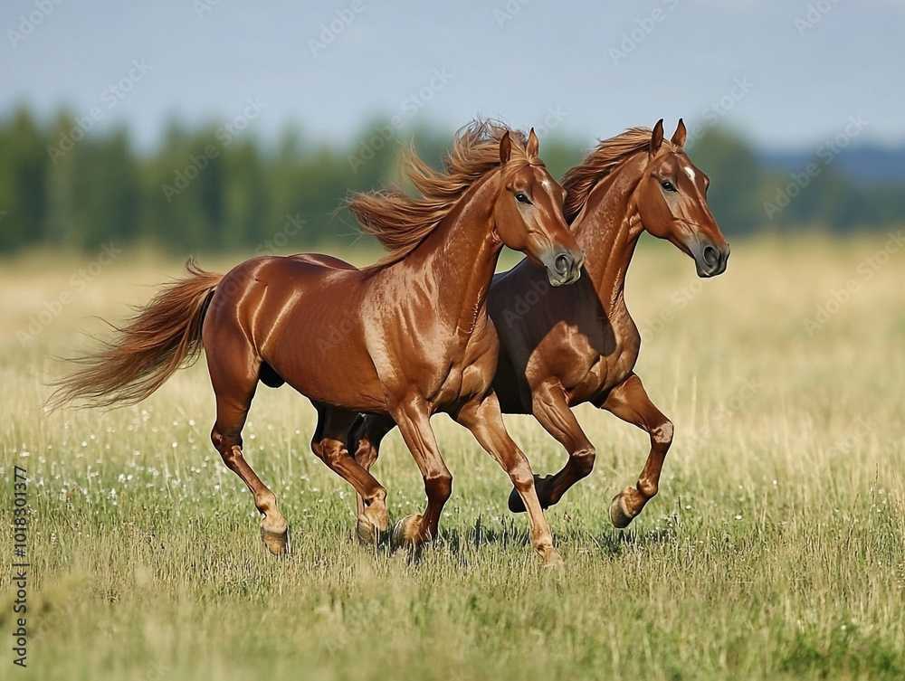 brown horses with a magnificent mane galloping across the field brown horses with a magnificent mane galloping across the field
