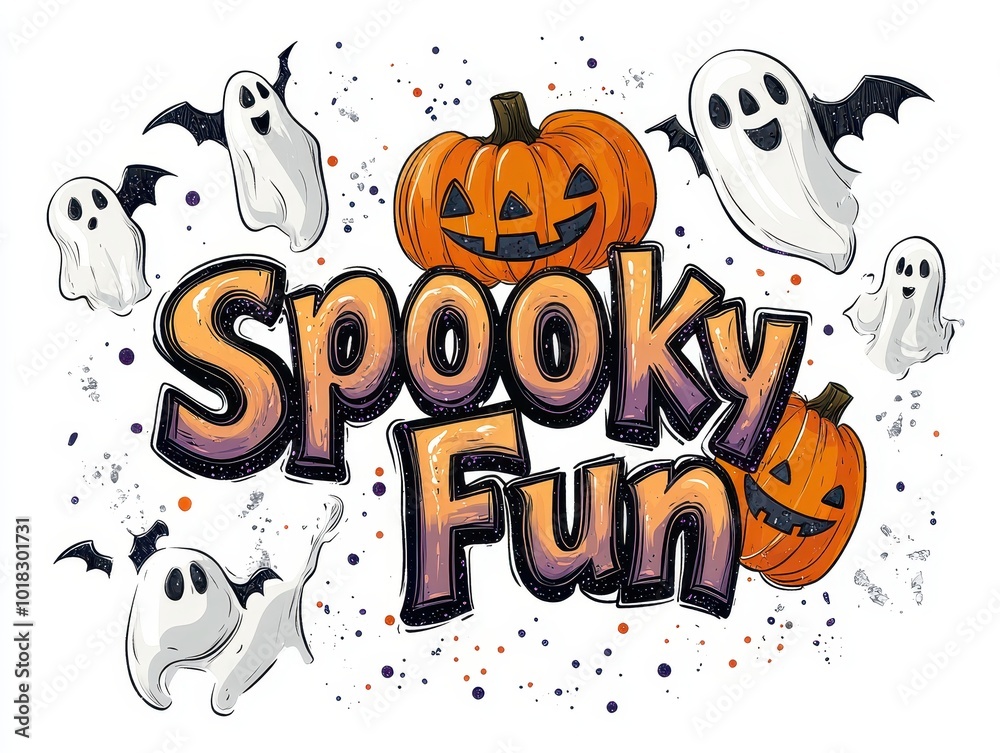 Spooky Fun Halloween Illustration with Pumpkins, Ghosts, and Bats Spooky Fun Halloween Illustration with Pumpkins, Ghosts, and Bats
