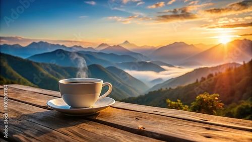Morning cup of coffee with mountain background at sunrise in tilted angle