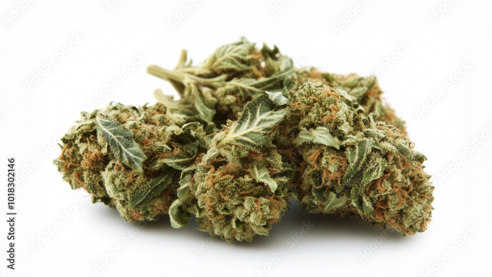 Close-up of fresh cannabis buds with trichomes and orange hairs on a light background. Close-up of fresh cannabis buds with trichomes and orange hairs on a light background.