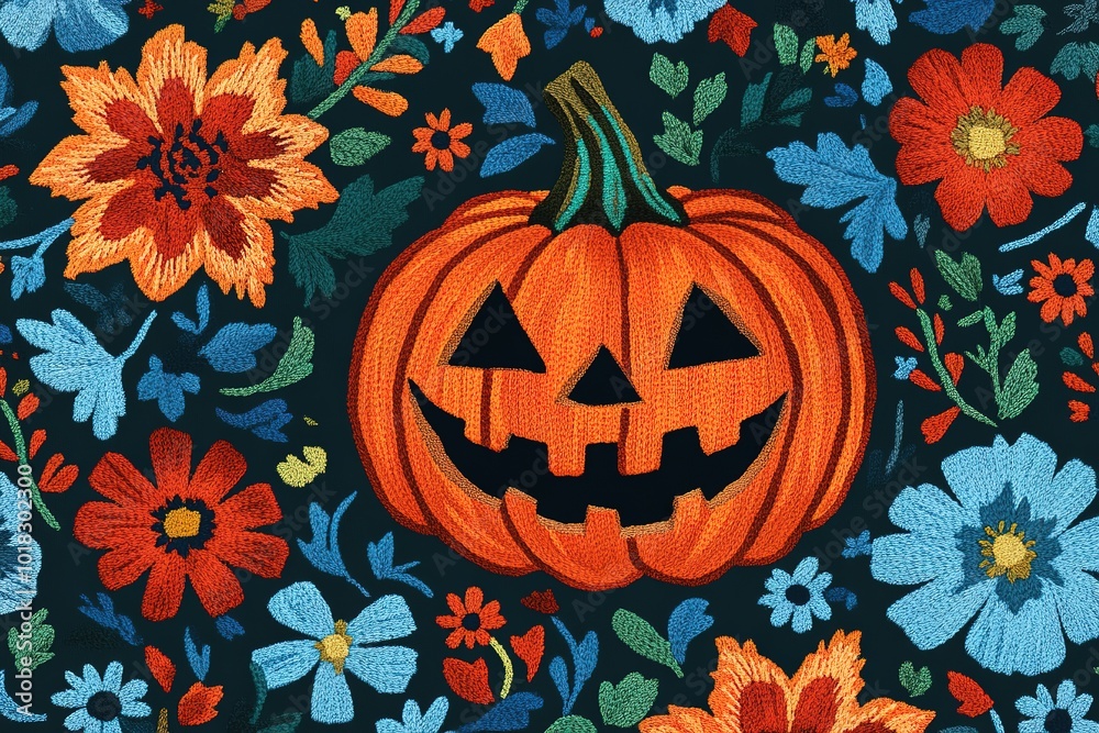 Halloween-themed vector illustration featuring a pumpkin with a cartoon face A close-up of an embroidered floral pattern Halloween-themed vector illustration featuring a pumpkin with a cartoon face A close-up of an embroidered floral pattern