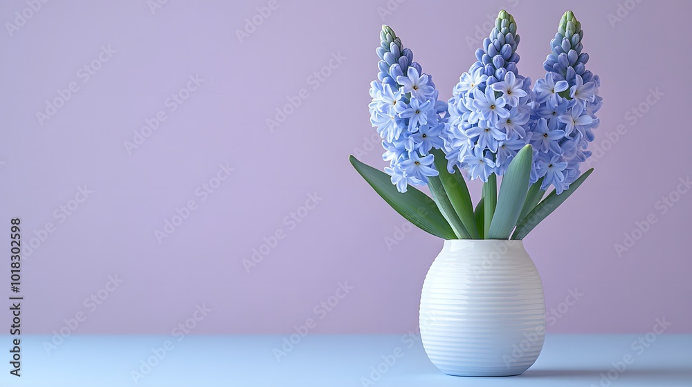 Delicate blue hyacinth flowers arranged in a white ceramic vase, against a pale lavender background, emphasizing clean lines and gentle lighting, embodying a fresh spring atmosphere. Delicate blue hyacinth flowers arranged in a white ceramic vase, against a pale lavender background, emphasizing clean lines and gentle lighting, embodying a fresh spring atmosphere.