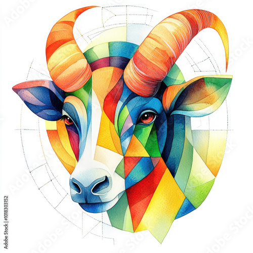 Abstrakte Wasserfarben-Illustration des Sternzeichens Widder mit geometrischen Formen
