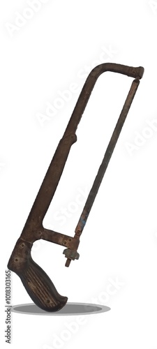 Fotografie A rusty hacksaw with a brown handle and worn blade, shown on a white background
