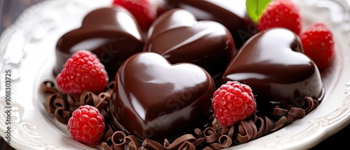 Heart-Shaped Chocolate Delights with Fresh Berries on Elegant White Plate