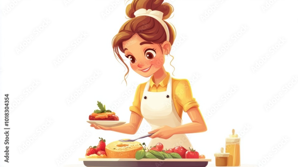 Cute cartoon food stylist arranging a plate of food with precision, isolated on white background Cute cartoon food stylist arranging a plate of food with precision, isolated on white background