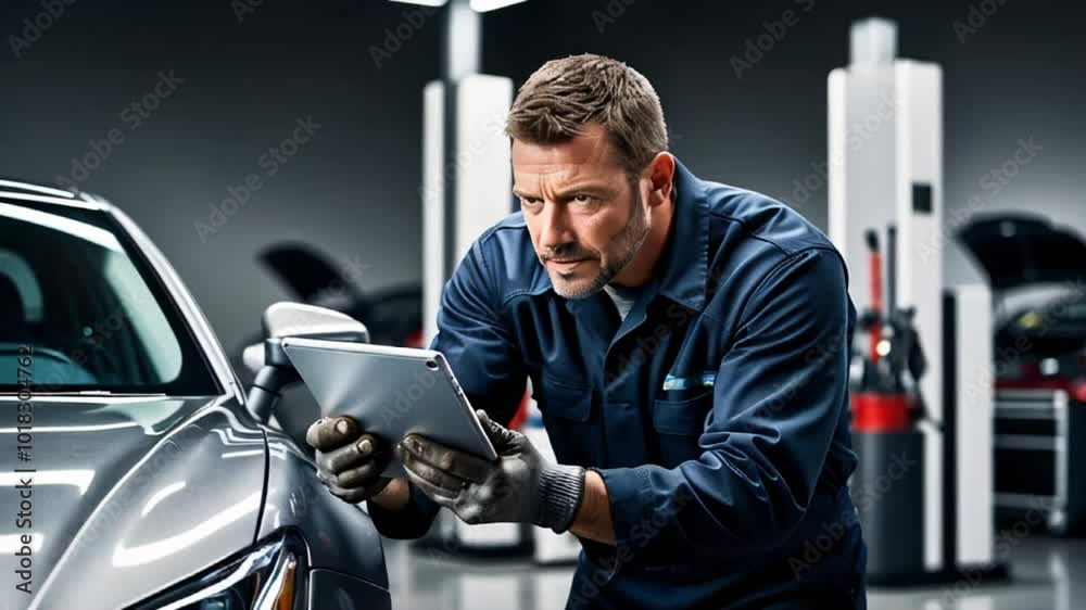 master auto mechanic with tablet car diagnostics in auto repair shop master auto mechanic with tablet car diagnostics in auto repair shop