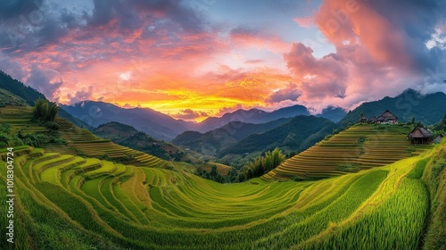 Terraced rice paddies in different shades of green, glowing under a colorful sunset sky.