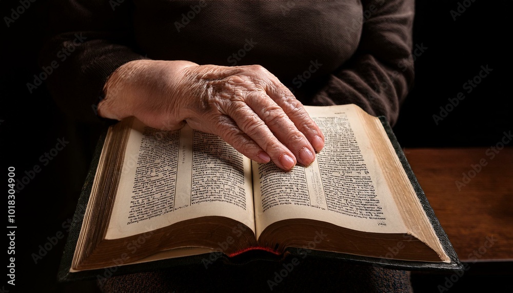 An open Bible with the hand of an elderly person resting gently on the pages. An open Bible with the hand of an elderly person resting gently on the pages.