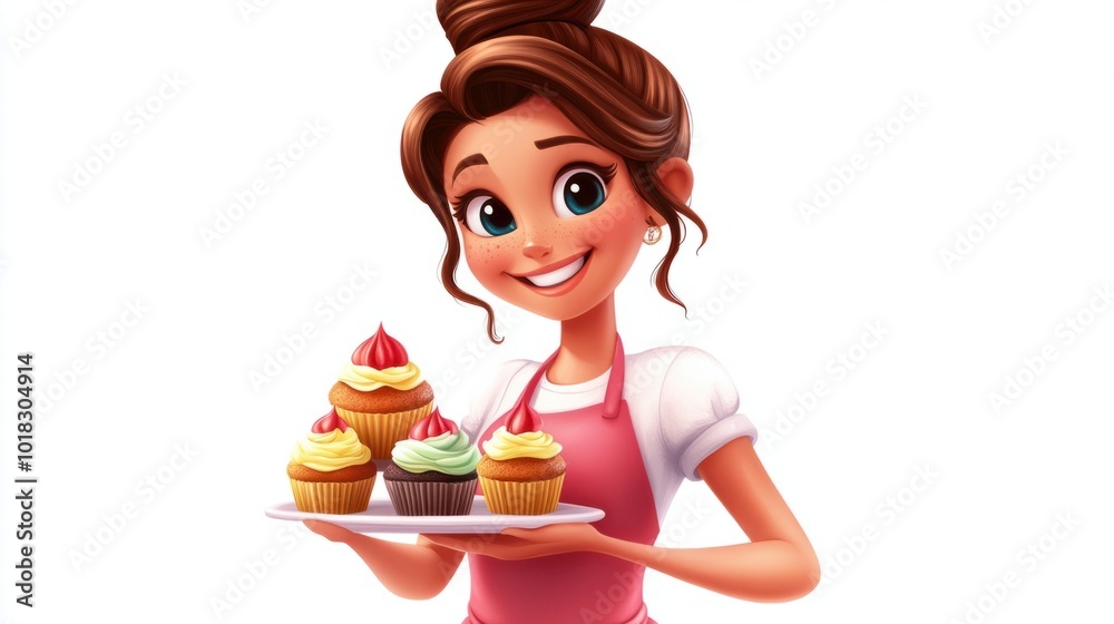 Cute cartoon food stylist wearing an apron and arranging cupcakes, isolated on white Cute cartoon food stylist wearing an apron and arranging cupcakes, isolated on white