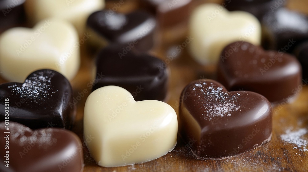 Heart-shaped White and Dark Chocolate Candies on Wooden Surface Heart-shaped White and Dark Chocolate Candies on Wooden Surface