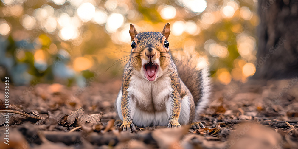 Fototapeta premium Autumn Surprise: Close-Up of a Squirrel in Fall Leaves