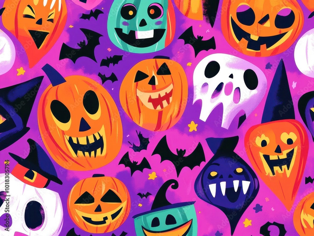 Halloween Pattern with Pumpkins, Bats, Ghosts, and Witches' Hats Halloween Pattern with Pumpkins, Bats, Ghosts, and Witches' Hats