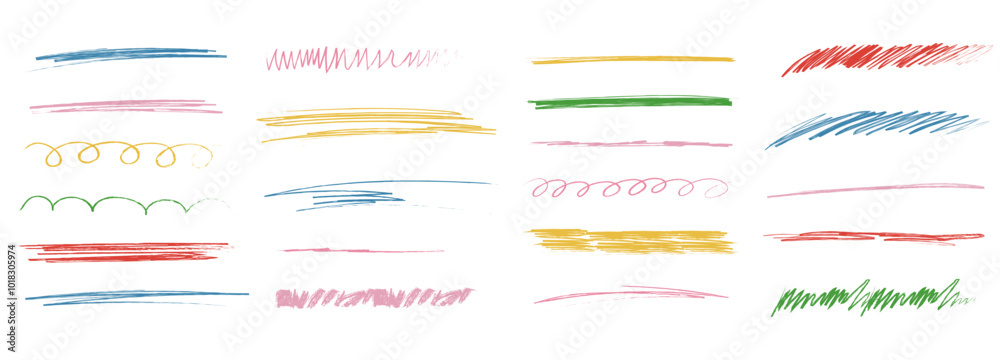 Chalk lines and squiggles, hand drawn doodle underlines thick line border, swoosh. Txtured sketchy crayon brush scribbles or wavy strokes Chalk lines and squiggles, hand drawn doodle underlines thick line border, swoosh. Txtured sketchy crayon brush scribbles or wavy strokes