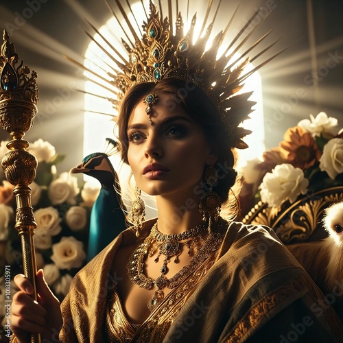 Hera, the queen goddess of marriage, woman and childbirth in golden robes, holding a scepter. Ancient Greek Mythology. A peacock with colorful feathers. Flowers as nature's blessing. Generative AI