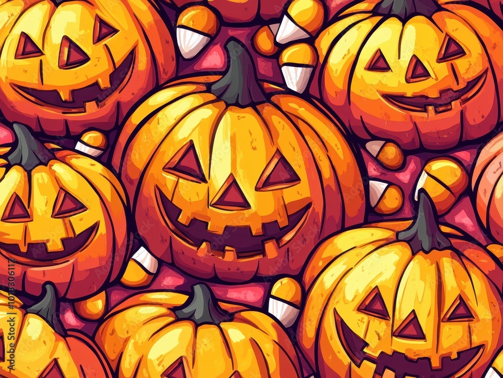 A Close-Up of Jack-o'-Lantern Pumpkins with Candy Corn