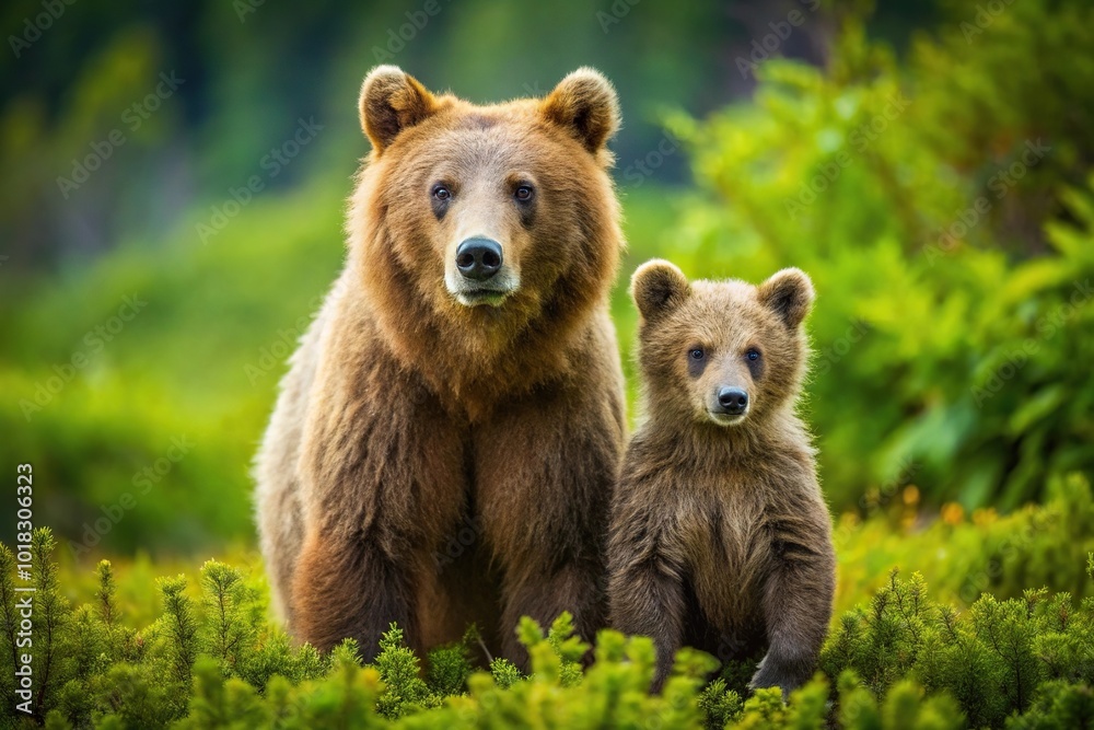 mother and cub bear in natural habitat, high angle view mother and cub bear in natural habitat, high angle view