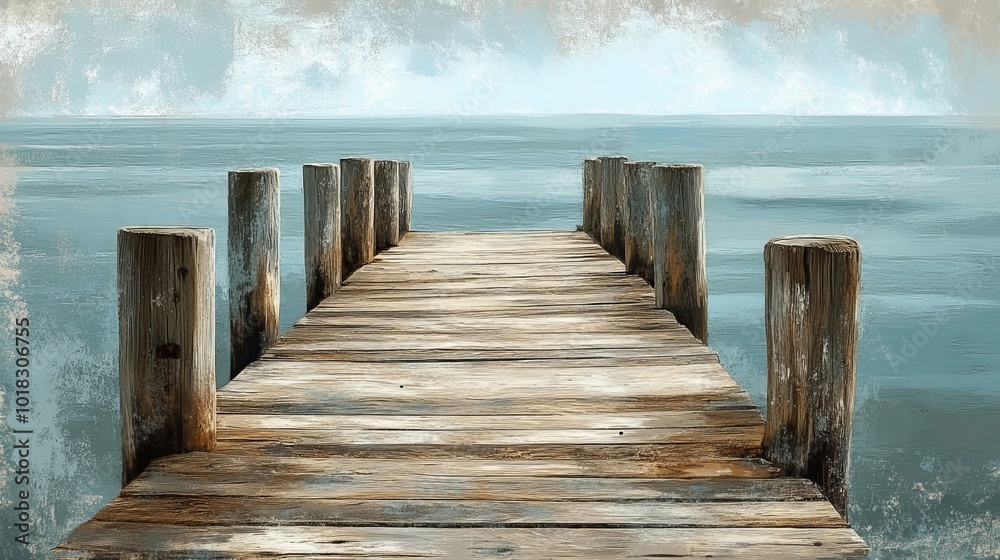 Fototapeta premium Rustic weathered wooden dock overlooking the tranquil sea and scenic coastal views