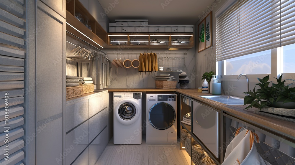 A functional laundry room with modern appliances, organized storage, and stylish decor A functional laundry room with modern appliances, organized storage, and stylish decor