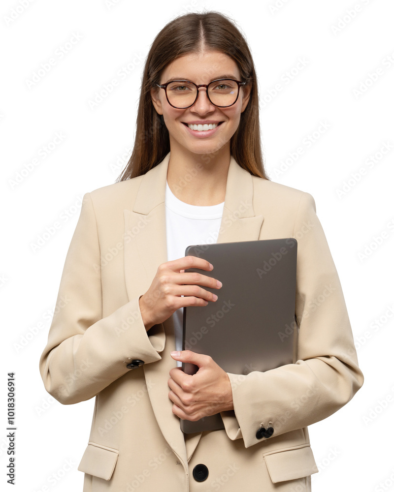 Portrait of university female student or teacher holding laptop Portrait of university female student or teacher holding laptop