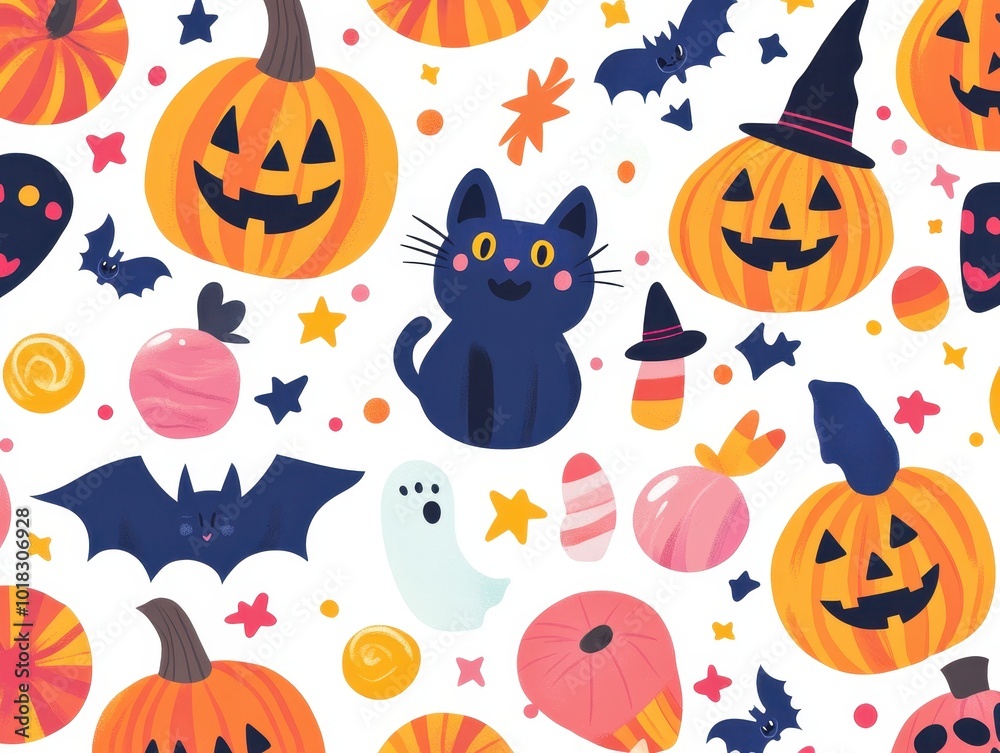 Colorful Halloween Pattern with Pumpkins, Bats, and a Black Cat Colorful Halloween Pattern with Pumpkins, Bats, and a Black Cat