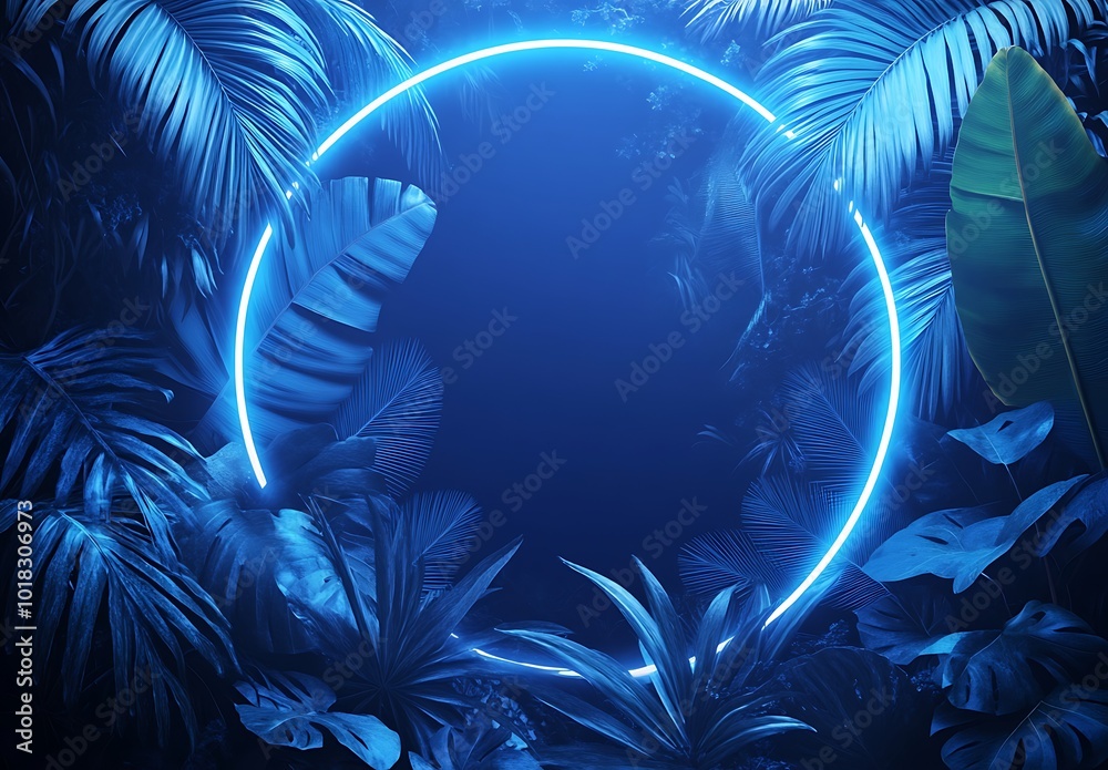 Blue, pink and green Neon Lights with elegant Tropical Leaves Blue, pink and green Neon Lights with elegant Tropical Leaves