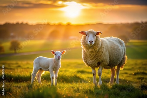 Mother sheep and lamb grazin in golden hour sunshine on pastoral farmland leading lines