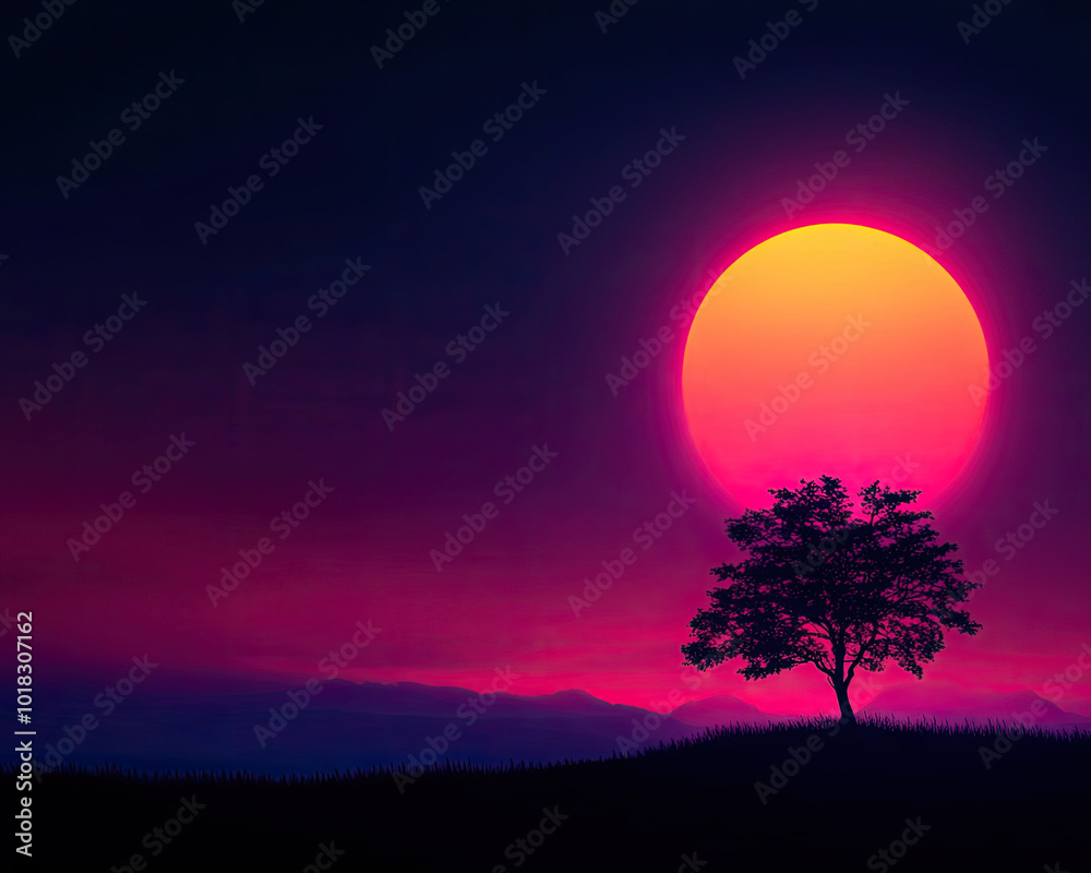 Silhouette of a tree against a vibrant sunset sky, creating a serene landscape. Silhouette of a tree against a vibrant sunset sky, creating a serene landscape.
